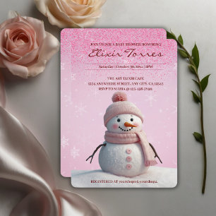 Pink Glitters Winter Snowman Baby shower Kaart