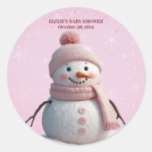 Pink Glitters Winter Snowman Baby shower Ronde Sticker (Voorkant)