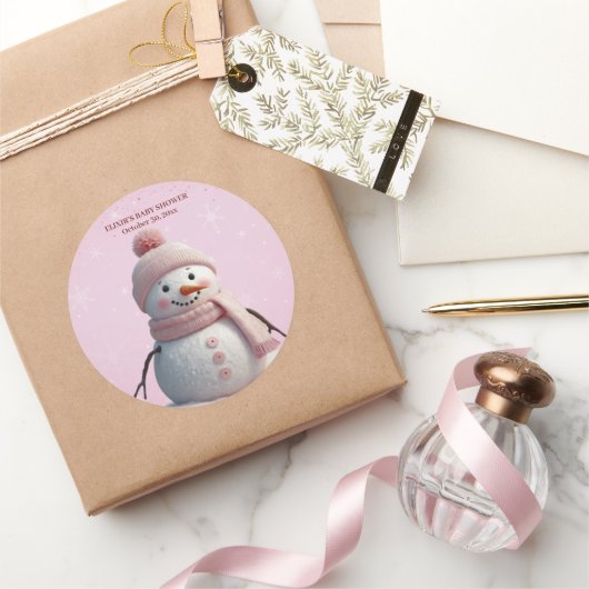 Pink Glitters Winter Snowman Baby shower Ronde Sticker (Geschenken)