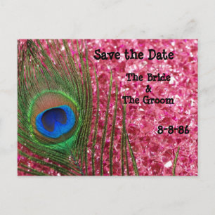 Pink Glittery Rock Peacock Save the Date Briefkaar Aankondigingskaart
