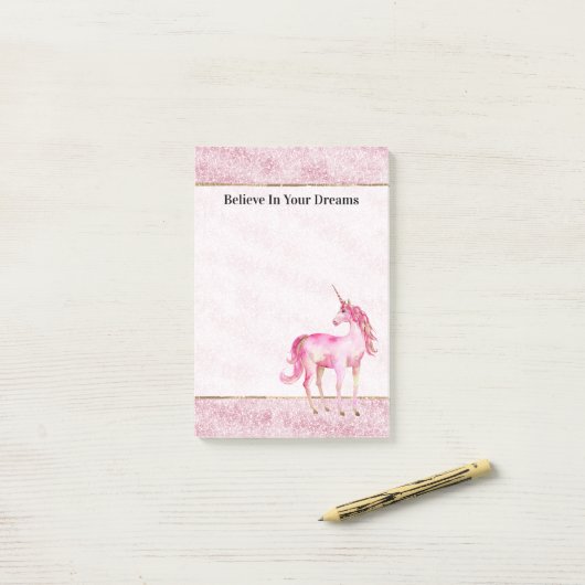 Pink Glitz Glitter Unicorn Post-it® Notes (Op bureau)