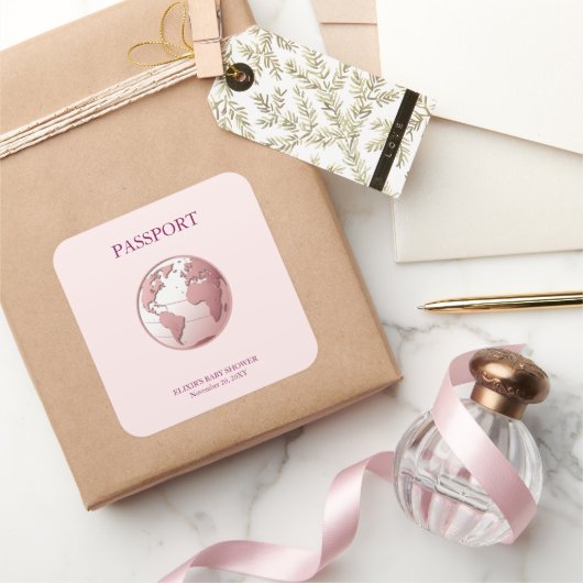 Pink Globe Passport Travel Baby Shower Vierkante Sticker (Geschenken)