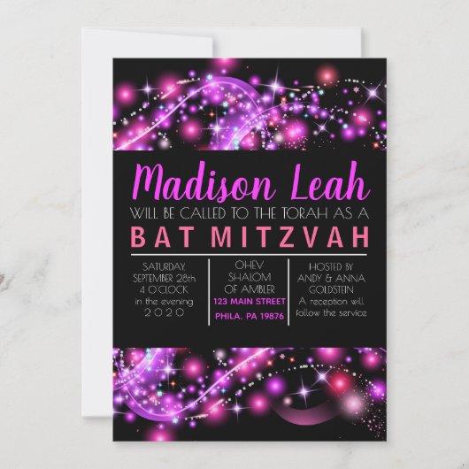 PINK GLOWING STARS Bat Mitzvah Invitation Kaart (Voorkant)