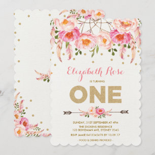 Pink Gold 1st Birthday Invite Floral drocatcher Kaart