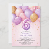 Pink Gold 6th Birthday Girl Invitation Kaart (Voorkant)
