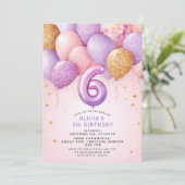 Pink Gold 6th Birthday Girl Invitation Kaart (Staand voorkant)