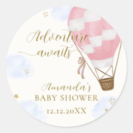 Pink Gold Adventure Hot Air Balloon Baby shower Ronde Sticker