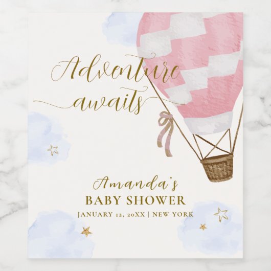 Pink Gold Adventure Hot Air Balloon Baby shower Wijn Etiket (Enkel label)