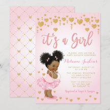 Pink Gold African American Baby shower Invitation