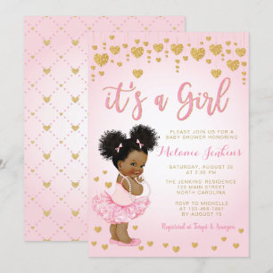 Pink Gold African American Baby shower Invitation Kaart