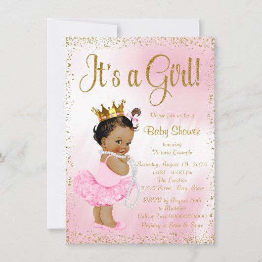 Pink Gold African American Princess Baby shower Kaart (Voorkant)