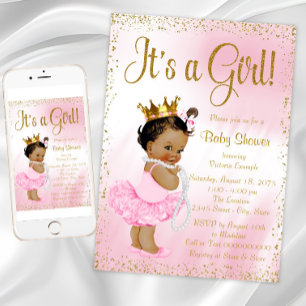 Pink Gold African American Princess Baby shower Kaart