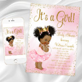 Pink Gold African American Princess Baby shower Kaart