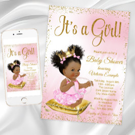 Pink Gold African American Princess Baby shower Kaart