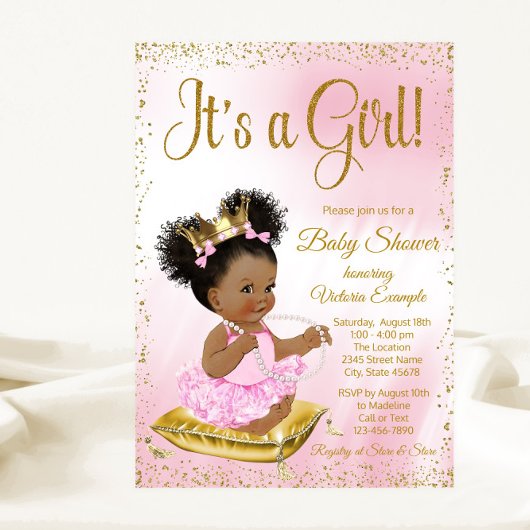 Pink Gold African American Princess Baby shower Kaart
