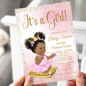 Pink Gold African American Princess Baby shower Kaart