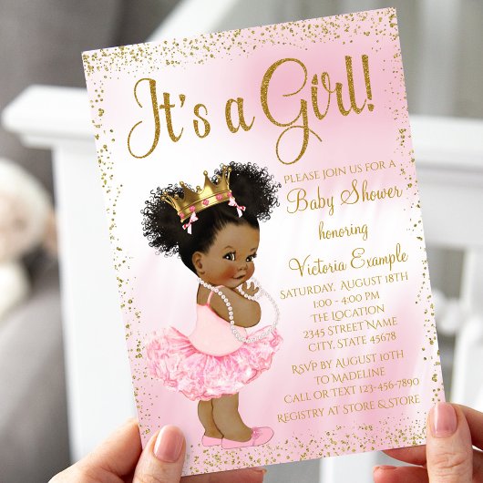 Pink Gold African American Princess Baby shower Kaart
