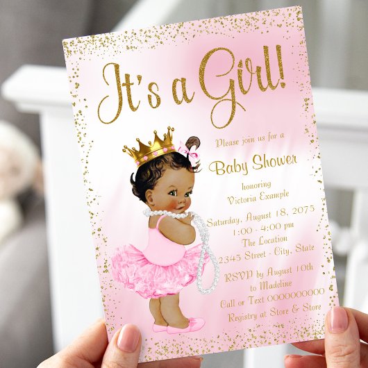 Pink Gold African American Princess Baby shower Kaart