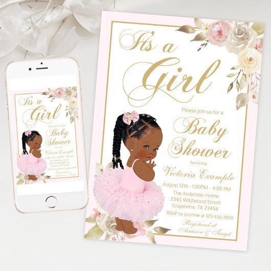 Pink Gold African Princess Tutu Baby shower Kaart