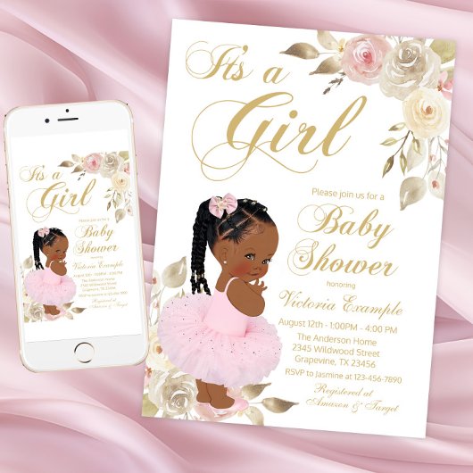 Pink Gold African Princess Tutu Baby shower Kaart