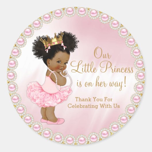 Pink Gold Afro Princess Baby shower Favor Ronde Sticker (Voorkant)