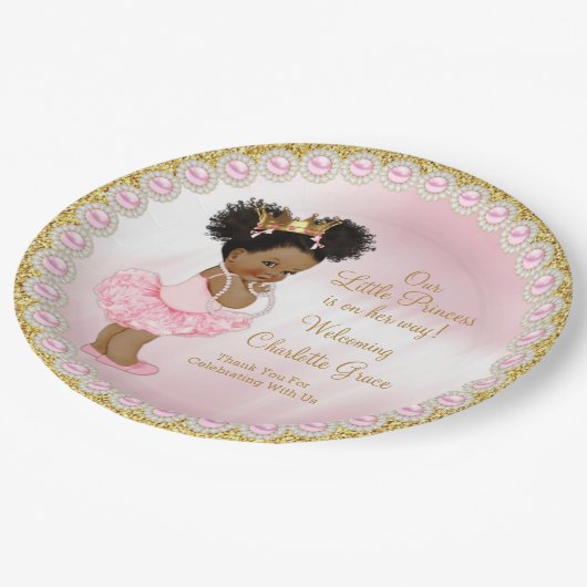 Pink Gold Afro Princess Baby shower Papieren Borde Papieren Bordje (Gekanteld)