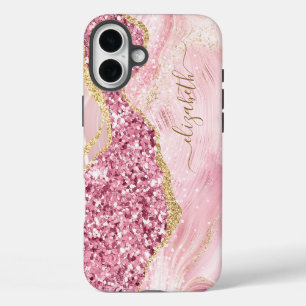 Pink Gold Agaat Marble Name Script iPhone 16 Plus Hoesje
