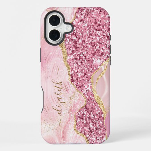 Pink Gold Agaat Marble Name Script iPhone Hoesje (Achterkant)