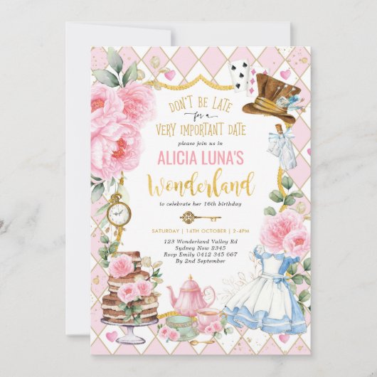 Pink Gold Alice in Wonderland Birthday Tea Party Kaart (Voorkant)
