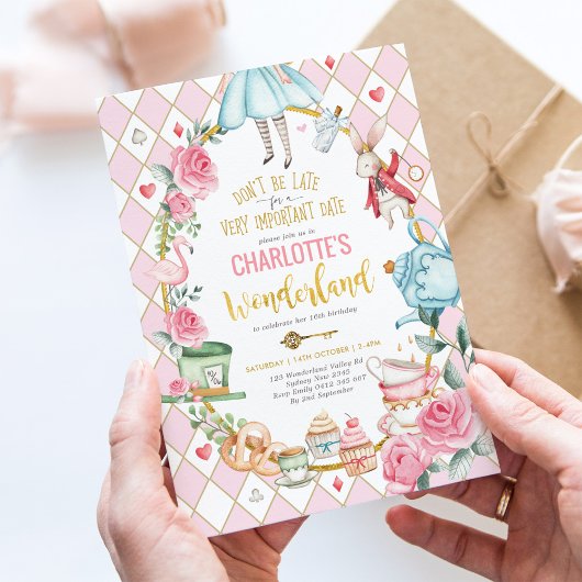 Pink Gold Alice in Wonderland Birthday Tea Party Kaart