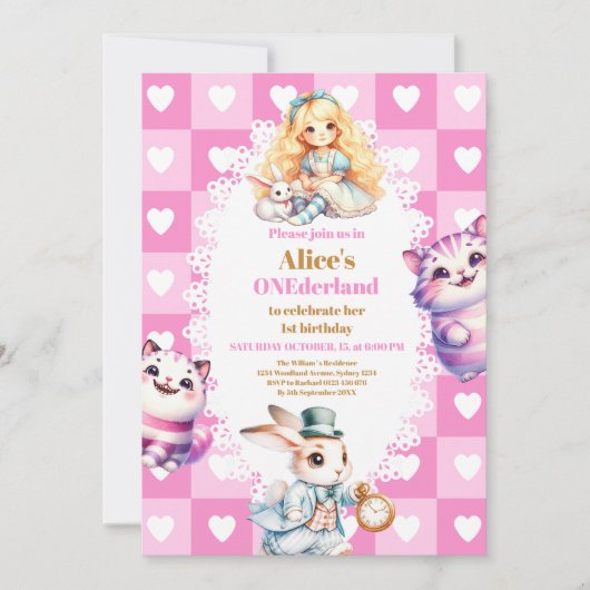Pink Gold Alice in Wonderland Birthday Tea Party Kaart (Voorkant)
