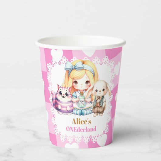Pink Gold Alice in Wonderland Birthday Tea Party Papieren Bekers (Achterkant)