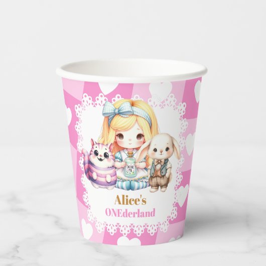 Pink Gold Alice in Wonderland Birthday Tea Party Papieren Bekers (Voorkant)
