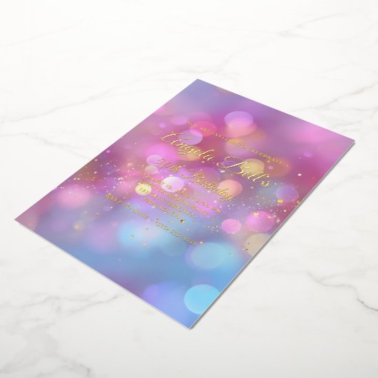 Pink Gold and Blue Bokeh 50th Birthday Folie Uitnodiging (Gedraaid)