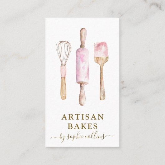 Pink Gold Baker Waterverf Bakkerij Pastry Chef Visitekaartje (Voorkant)