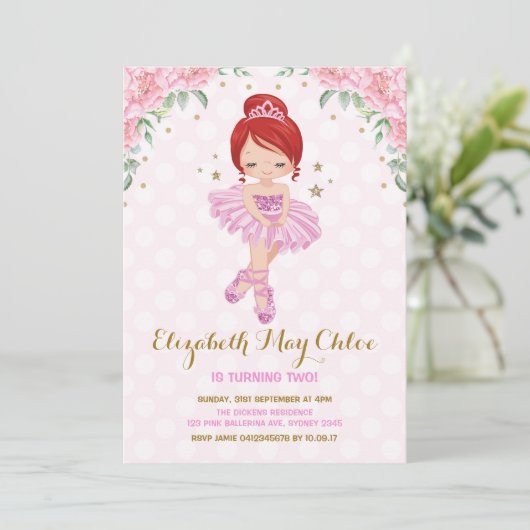 Pink Gold Ballerina Birthday Invite Princess Party Kaart (Staand voorkant)