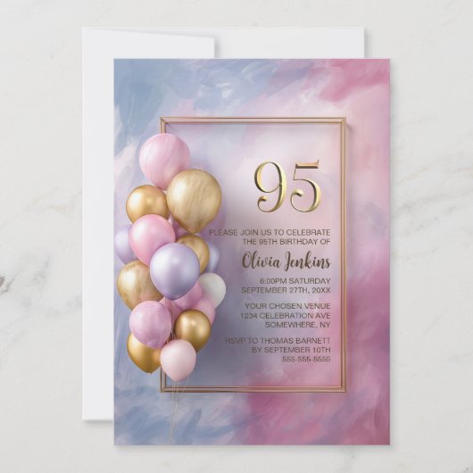 Pink Gold Balloons 95th Birthday Party Kaart (Voorkant)