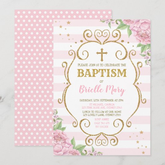 Pink Gold Baptism Christening Floral Princess Kaart (Voorkant / Achterkant)