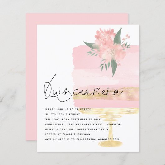 Pink Gold Birthday Cake Quinceanera Invite (Voorkant / Achterkant)