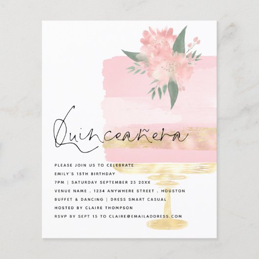Pink Gold Birthday Cake Quinceanera Invite (Voorkant)