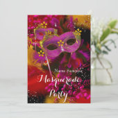 Pink Gold Black Floral Masquerade Birthday Party Kaart (Staand voorkant)