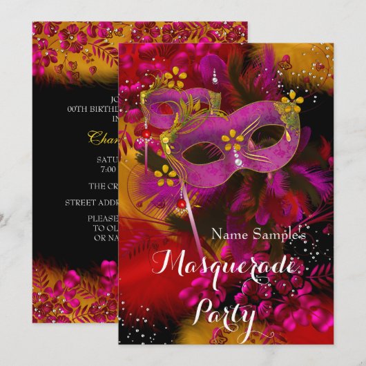 Pink Gold Black Floral Masquerade Birthday Party Kaart (Voorkant / Achterkant)