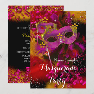 Pink Gold Black Floral Masquerade Birthday Party Kaart