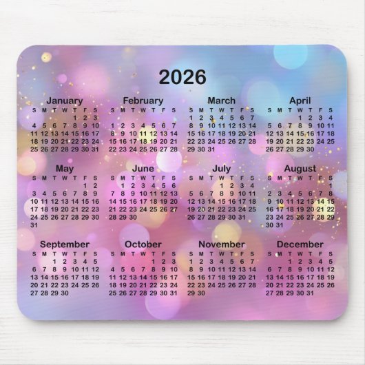 Pink Gold Blue Bokeh 2026 Calendar Muismat (Voorkant)