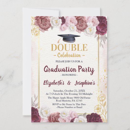 Pink Gold Blush Joint Graduation Party 2 foto's Kaart (Voorkant)