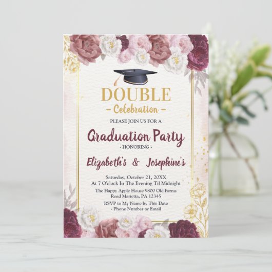 Pink Gold Blush Joint Graduation Party 2 foto's Kaart (Staand voorkant)