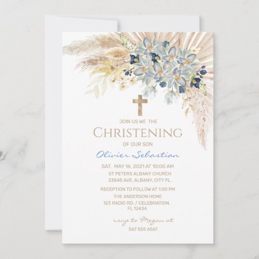 Pink Gold Boho Girl Baptism Christening Uitnodigin Kaart (Voorkant)