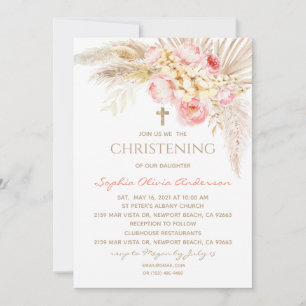 Pink Gold Boho Girl Baptism Christening Uitnodigin Kaart
