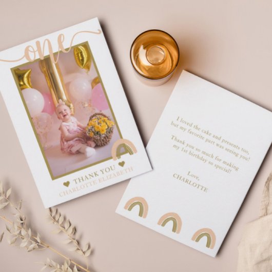 Pink Gold Boho Rainbow First Birthday Foto Bedankkaart