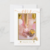 Pink Gold Boho Rainbow First Birthday Foto Bedankkaart (Voorkant)
